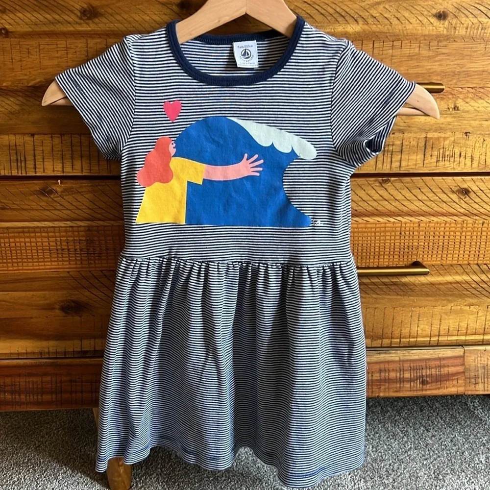 PETIT BATEAU X WATER FAMILY GIRLS' DRESS Striped Kids Dress with Wave Print